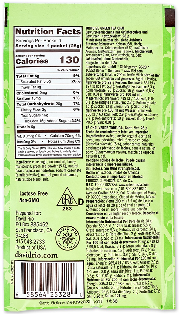David Rio - Sachet - Tortoise Green Chai (28g) David Rio - Sachet - Tortoise Green Chai (28g)