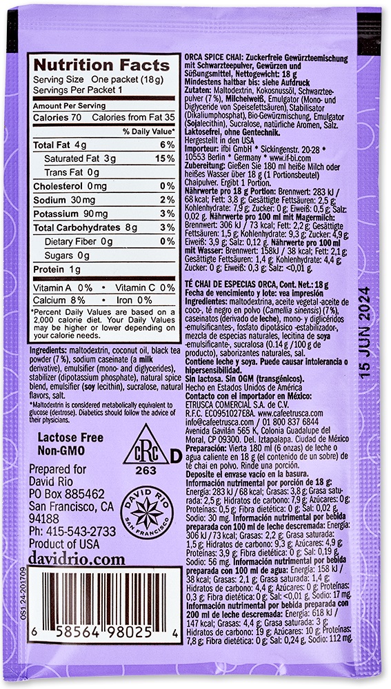 David Rio - Display - Orca Spice Chai *zuckerreduziert* (12  x 18 g) David Rio - Display - Orca Spice Chai *zuckerreduziert* (12  x 18 g)