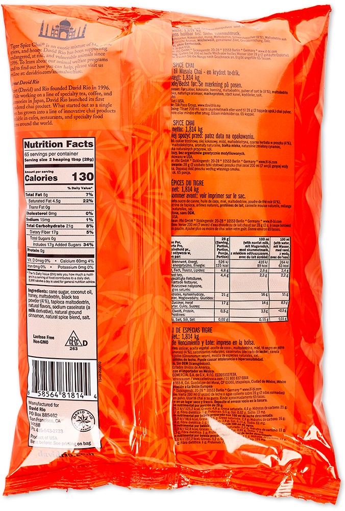 David Rio - Nachfüllbeutel - Tiger Spice Chai (1814 g) David Rio - Nachfüllbeutel - Tiger Spice Chai (1814 g)