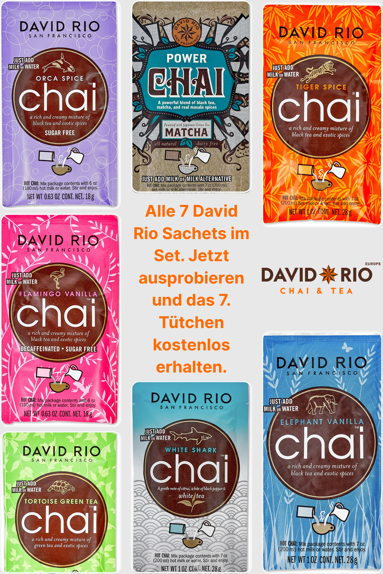 David Rio - Probierset mit allen 7 Sorten Chai - inklusive 1 Sachet kostenlos David Rio - Probierset mit allen 7 Sorten Chai - inklusive 1 Sachet kostenlos