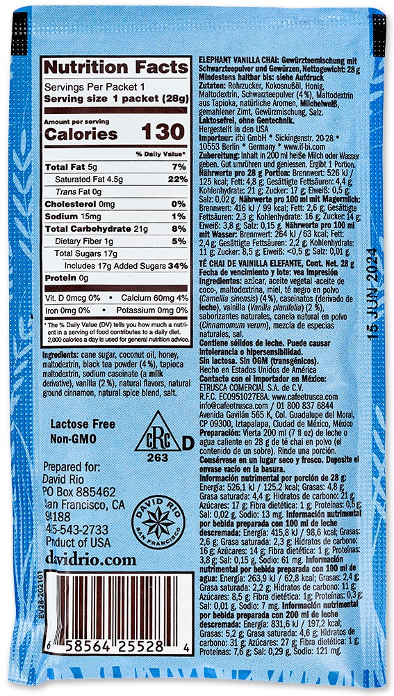 David Rio - Display - Elephant Vanilla Chai (12 x 28 g) David Rio - Display - Elephant Vanilla Chai (12 x 28 g)