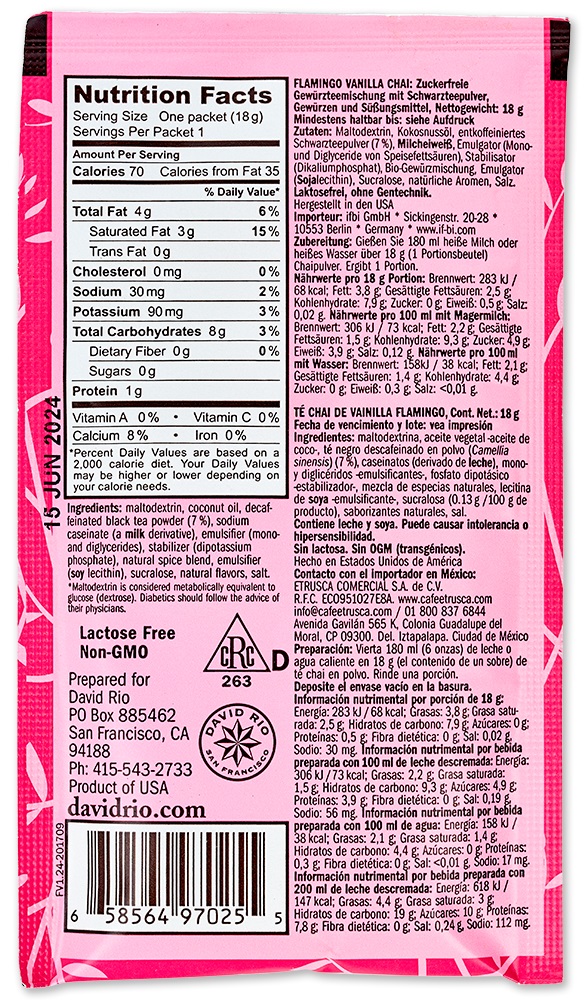 David Rio - Display - Flamingo Vanilla *decaf + zuckerreduziert* (12 x18g) David Rio - Display - Flamingo Vanilla *decaf + zuckerreduziert* (12 x18g)