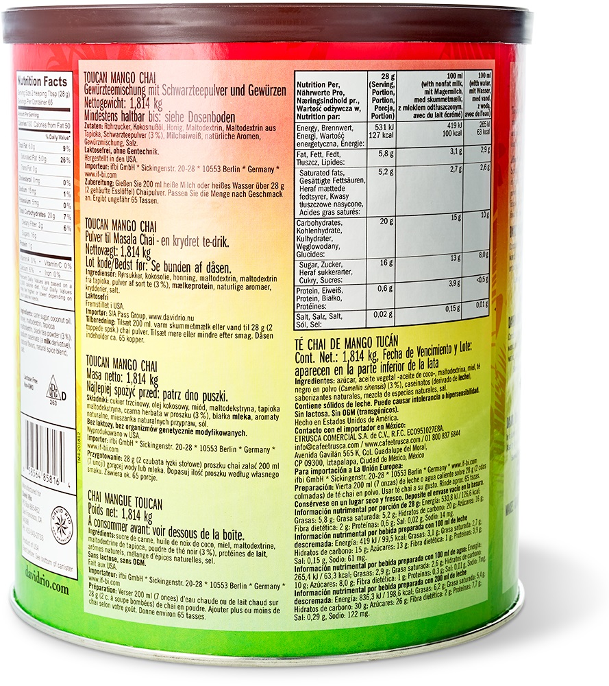 David Rio - Gastronomie - Toucan Mango Chai (1814 g) David Rio - Gastronomie - Toucan Mango Chai (1814 g)